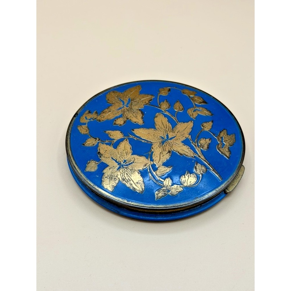 Vintage Blue Enamel Floral Powder Compact Mirror Gold Tone 4" Round w Puff